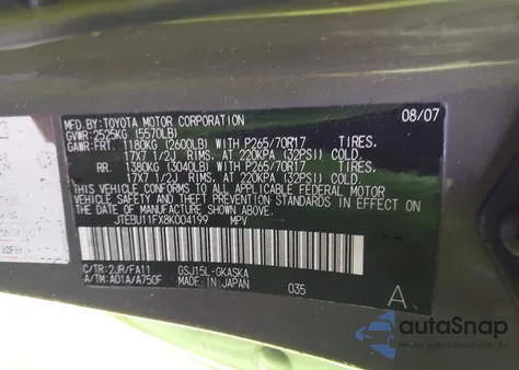 2008 Toyota Fj Cruiser из США, поврежденный, VIN JTEBU11FX8K004199